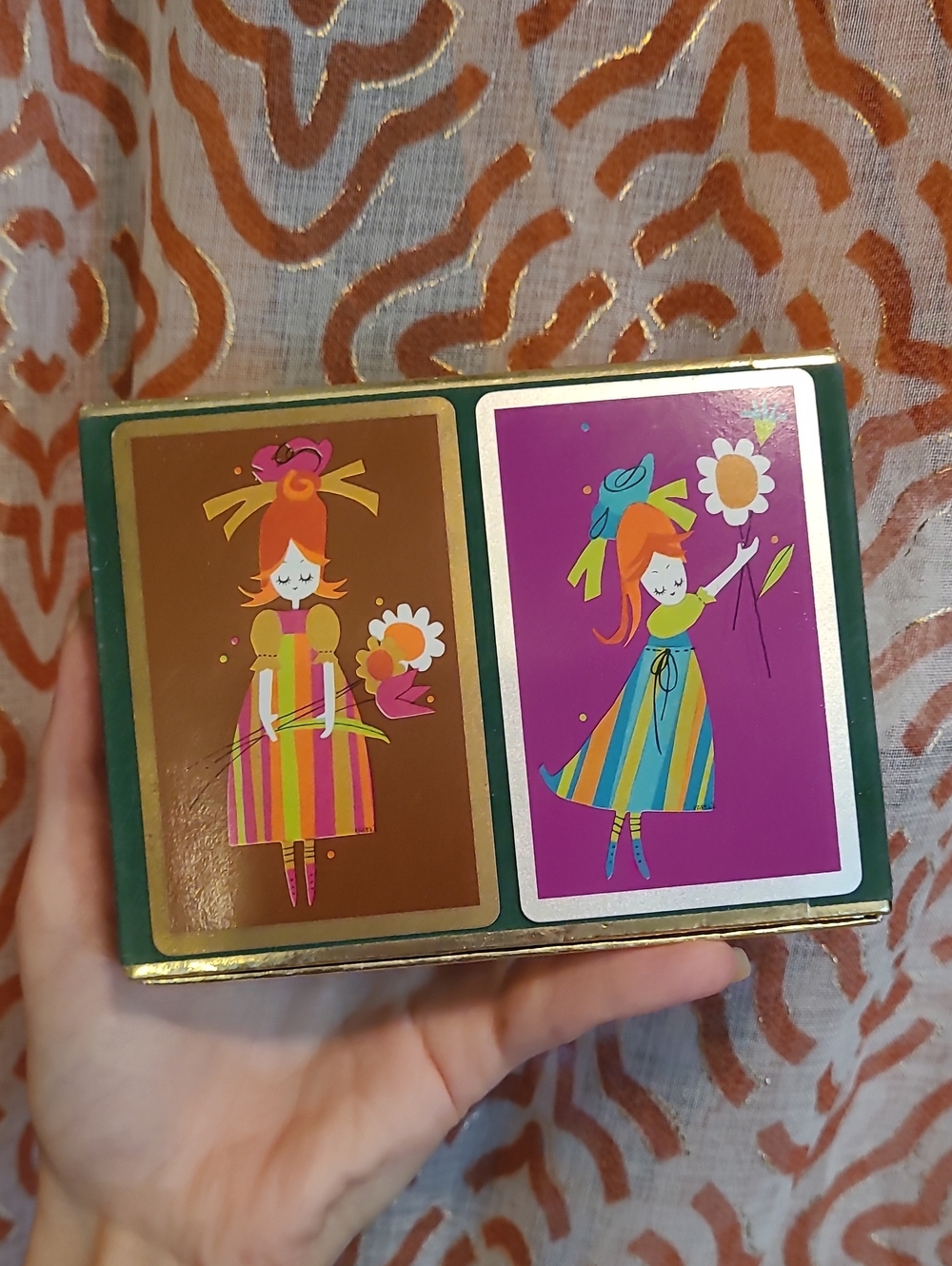 vintage 1970s "Mod Girl with Flowers" double-deck playing cards